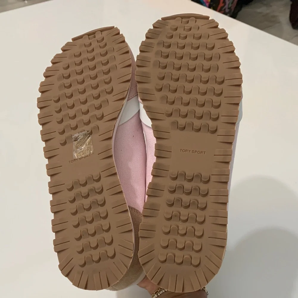 Tory Sport Banner Trainer Sneakers Pink White Leather Canvas 9.5 NIB